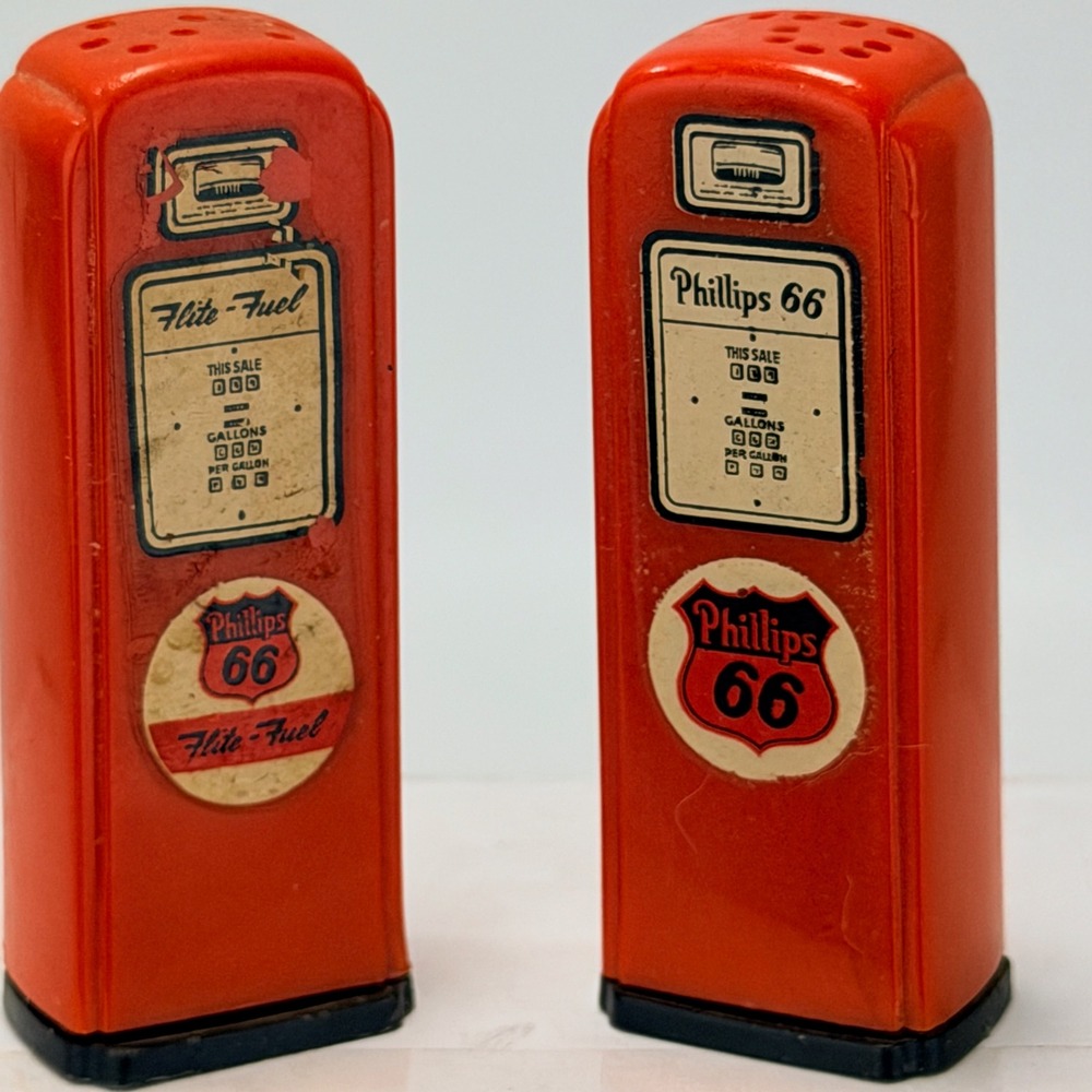 Vintage 1950's Phillips 66 and Flite Fuel Miniature Gas Pump Salt Pepper Shakers